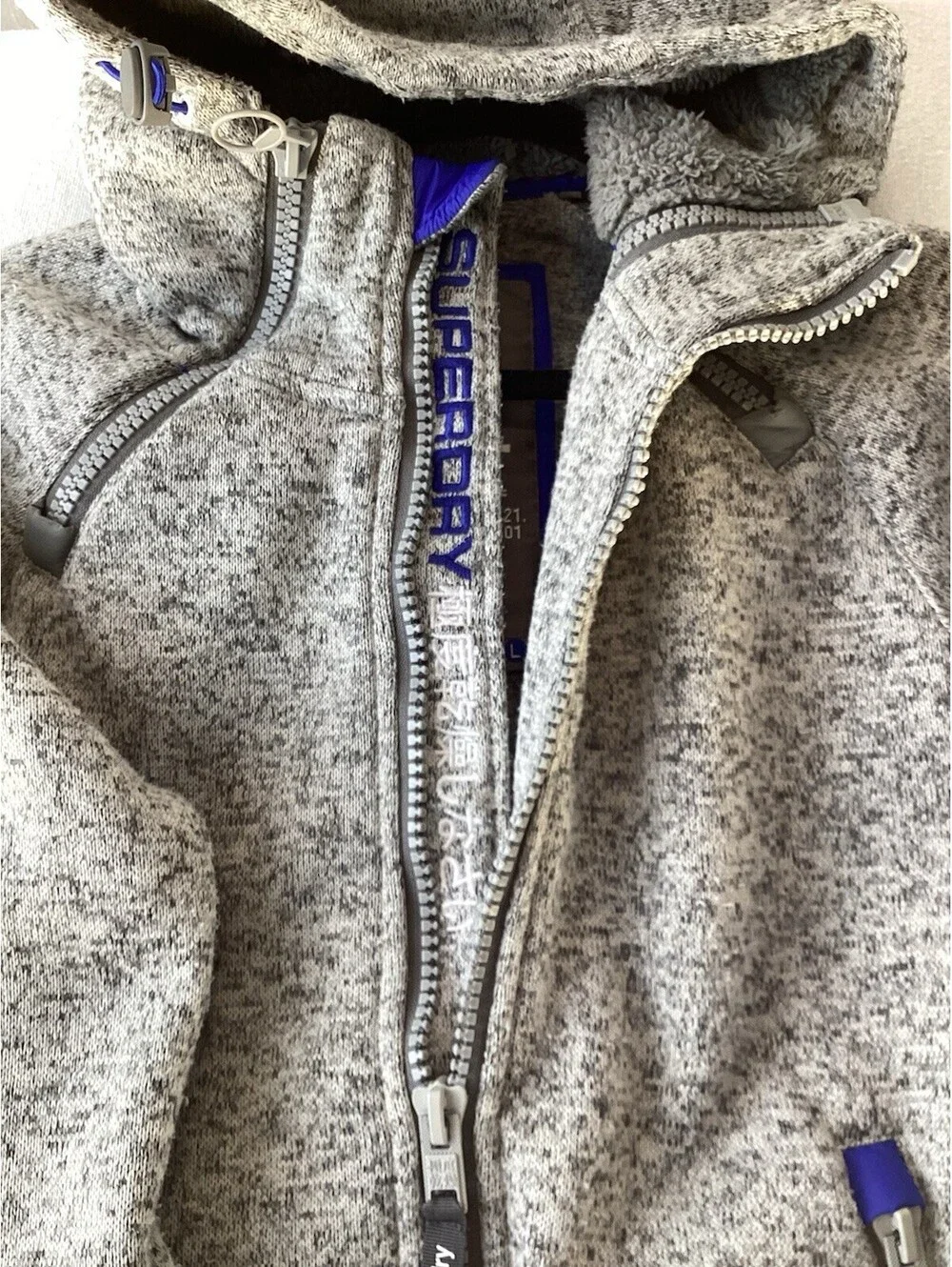 SUPERDRY Storm Coat Jacket Grey Knit Hoodie Unisex Large Lg L Full Zip Pockets